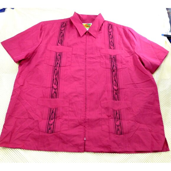 Haband Guayabera 4 Pocket Full Zip Shirt XL Embroidered Wine Red Short Sleeve - Picture 1 of 8